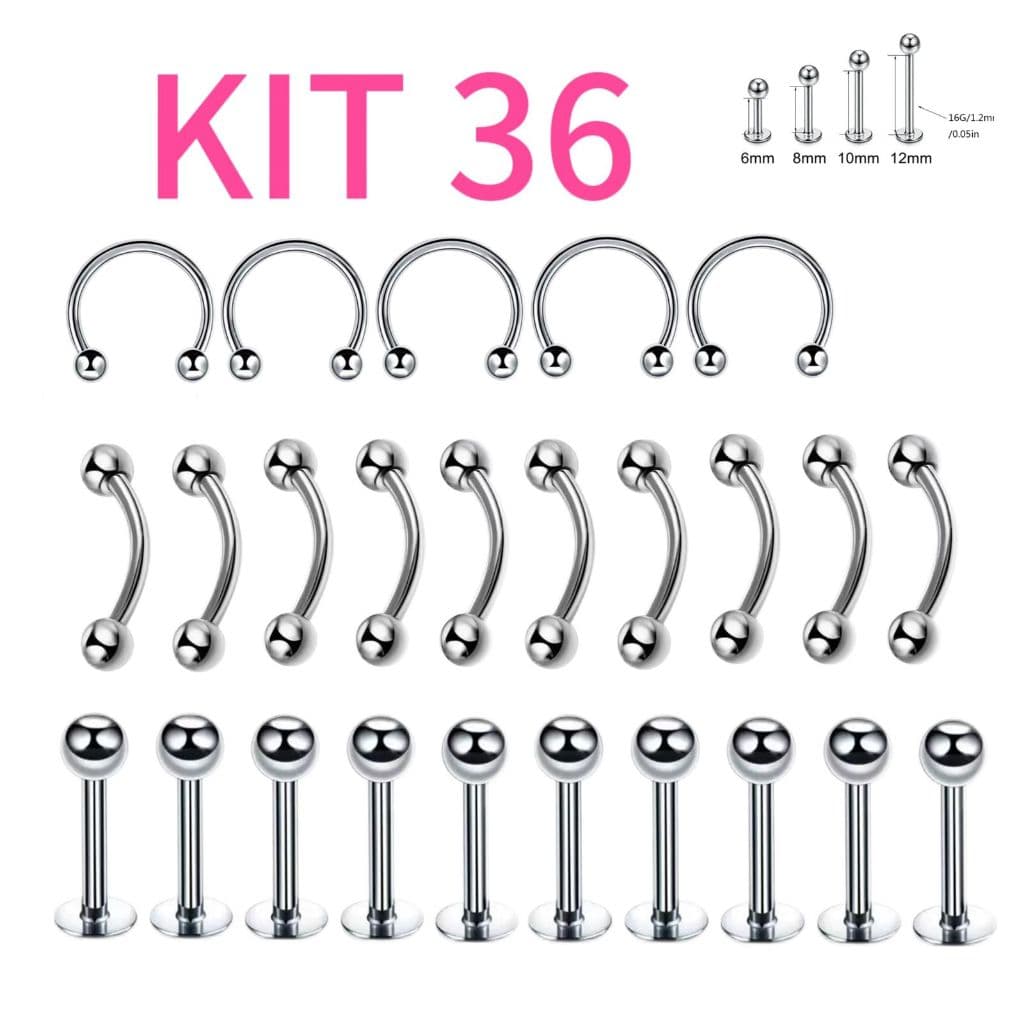 Kit 36 Piercings / Piercing ferradura, Septo, labret microbell curvo em aço inoxidavel (3cartelas)