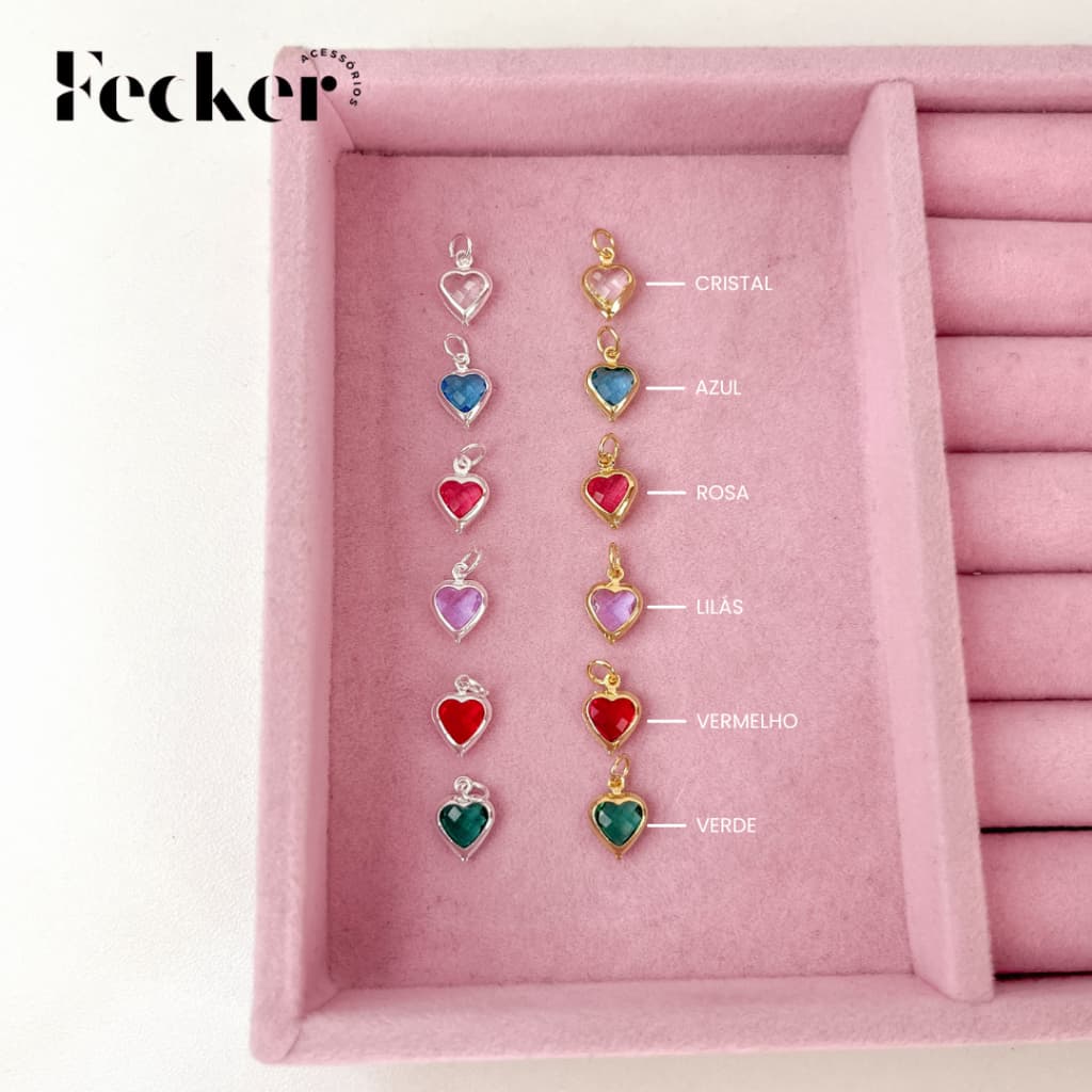 Pingente Ponto de Luz Coração Diversas Cores Banhado a Prata 925 ou Ouro