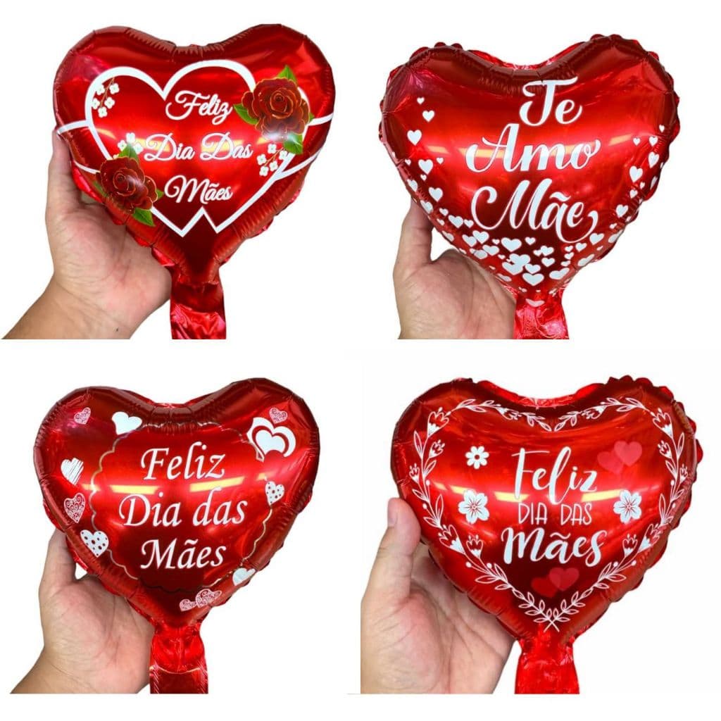 Balão Metalizado Feliz Dia Das Mães Coração Vermelho 20cm Decoração dia Das Mães Balão para Cestas