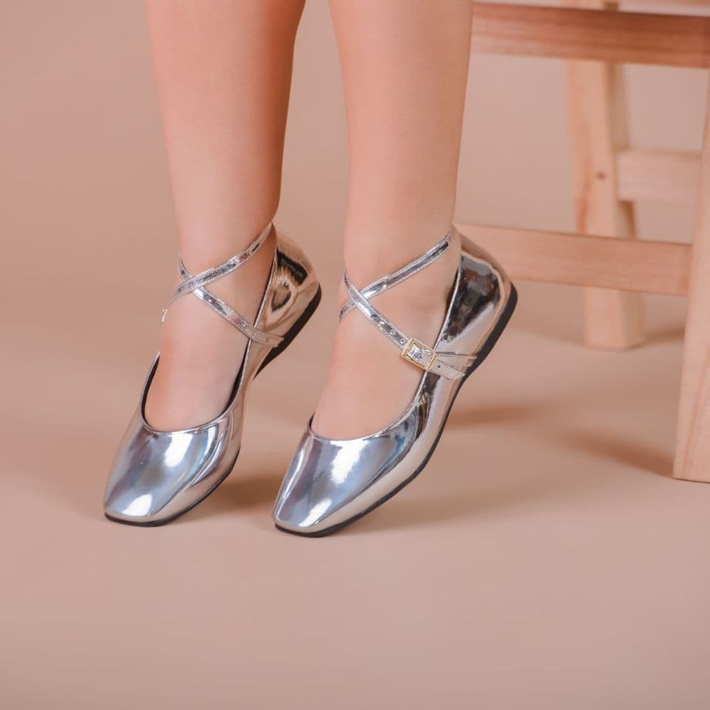 Sapatilha Feminina Bailarina Bico Quadrado Boneca Sapatilhas Prata Dourado
