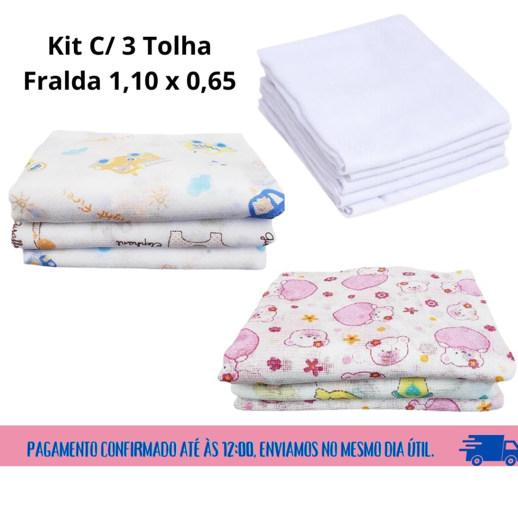 Kit com 3 toalha fralda para bebe e recém nascido - Toalha fininha ideal para forrar outras toalhas