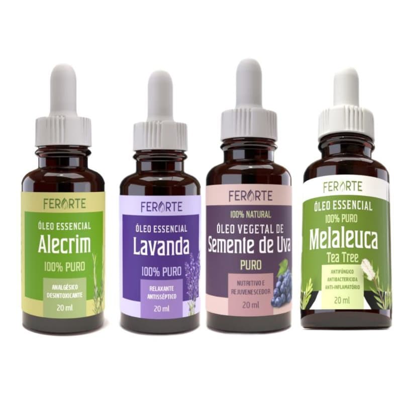 kit 4 Óleos essenciais Alecrim, Lavanda, Semente de uva, Melaleuca 20m todos 100%puros vegano