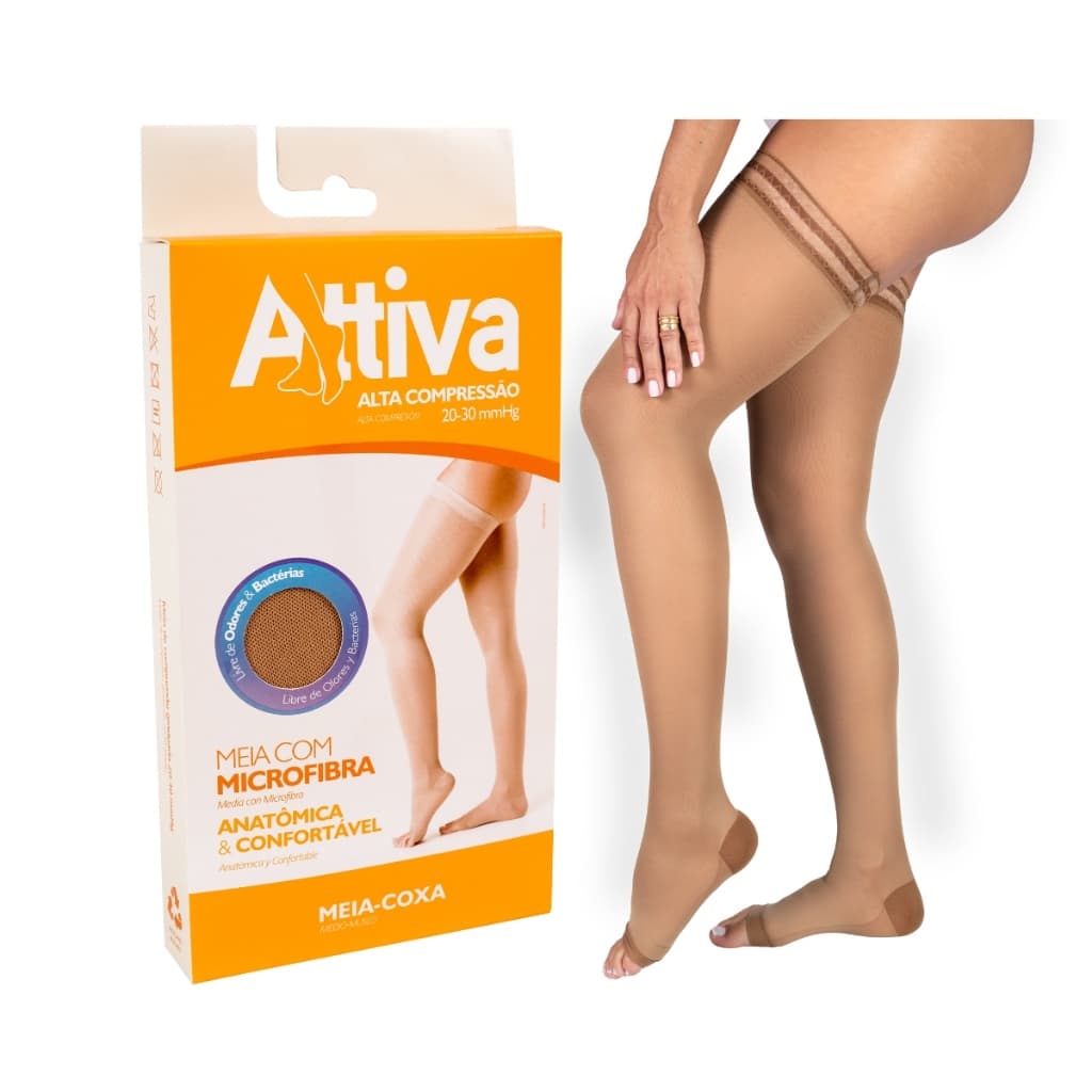Meia Coxa 7/8 Elástica Varizes Alta Compressão 20-30mmHg Attiva Ponteira Aberta Cor Natural Escuro