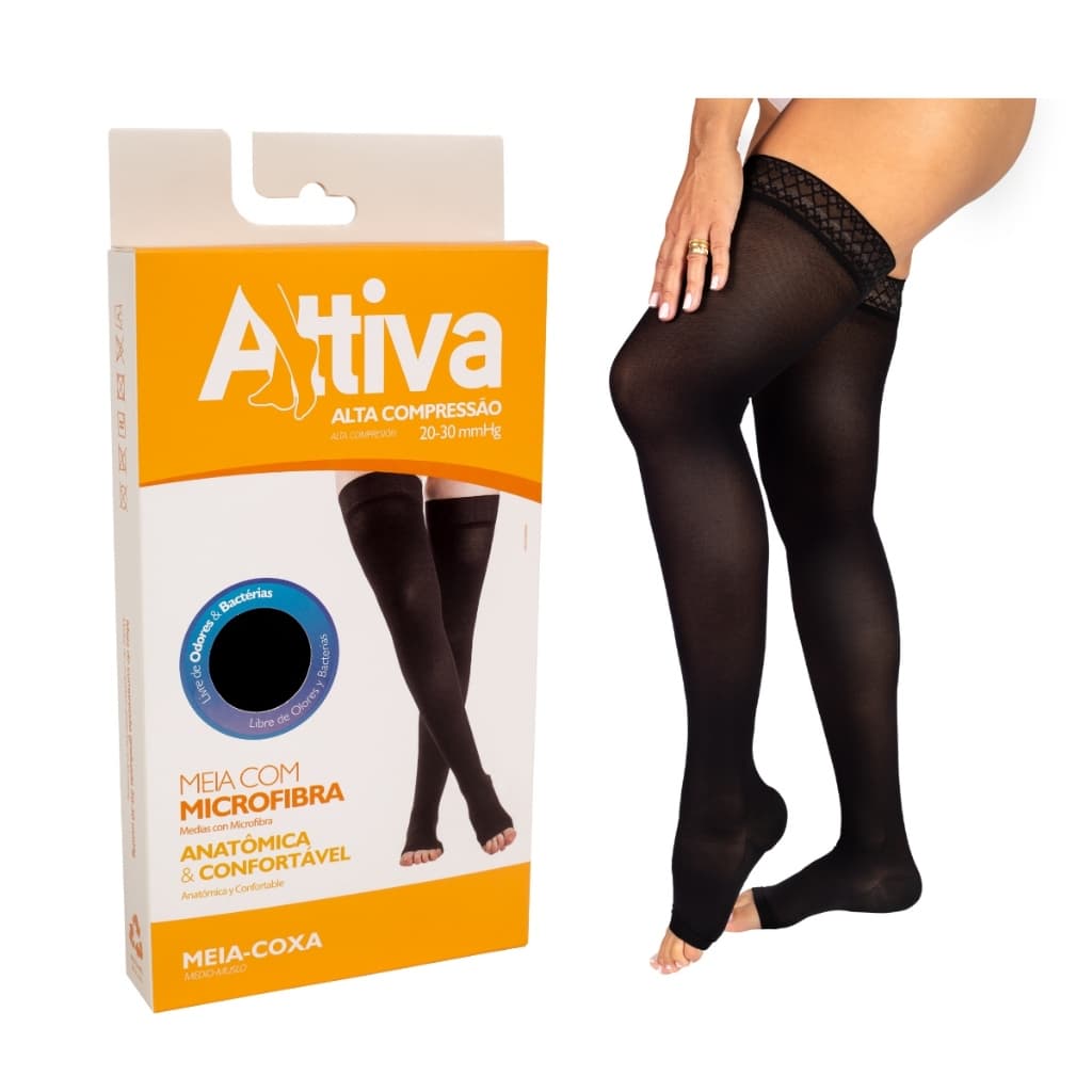Meia Coxa Preventiva Varizes 7/8 Alta Compressão 20 30 mmHg Attiva Coxa Sem Ponteira Preta Confortável