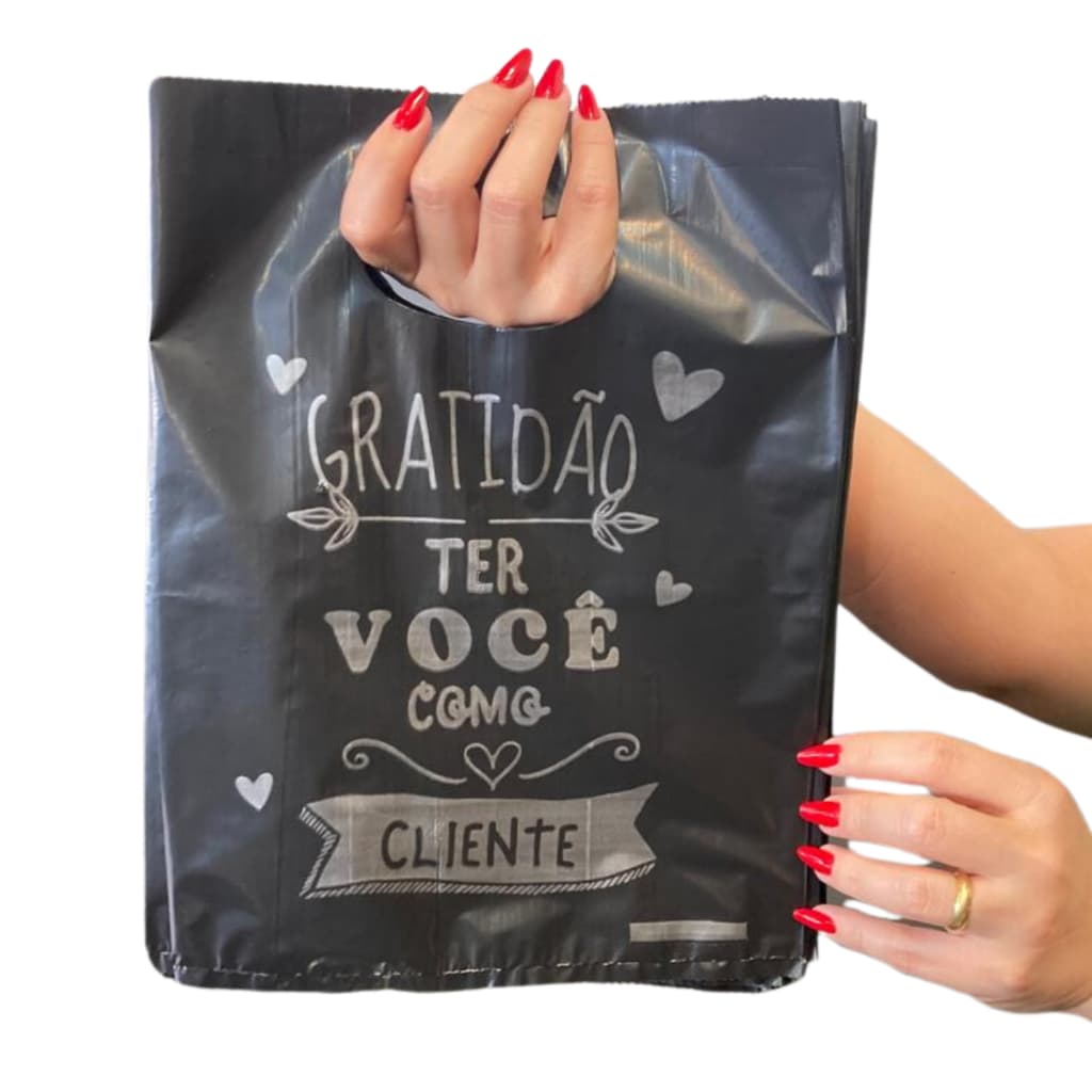 100 Sacolas Plásticas Estampadas Sacolinha para Lojas Escritas Gratidão ter você como cliente 20x30, 30x40 e 40x50
