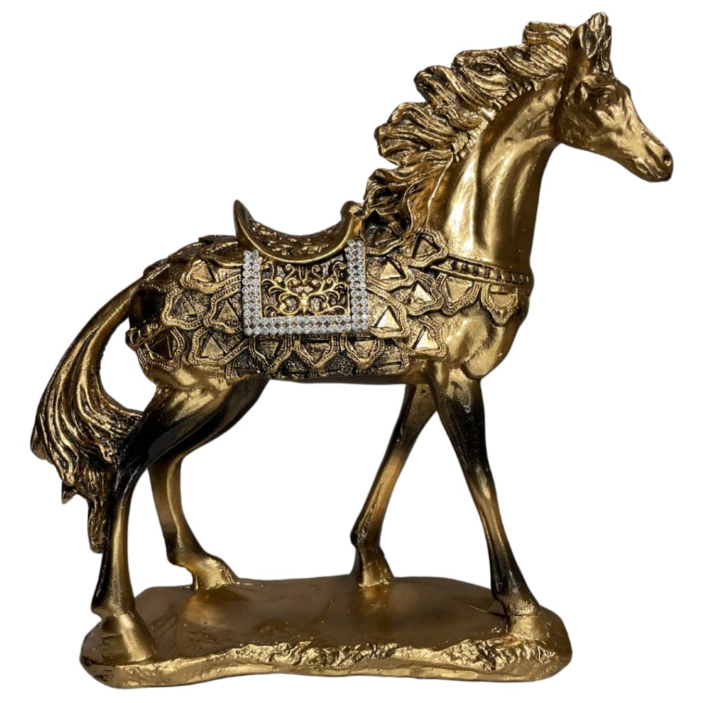 Cavalo Estilizado Grande Decorativo em Gesso com Espelhos e Pedras para Aparador Rack Prata