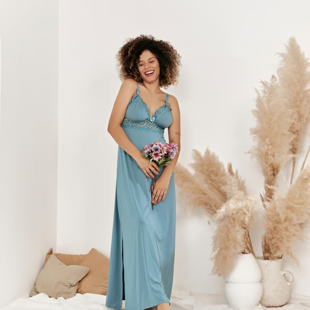 Camisola De Renda Amamentação Gestação Longa Luxo Click