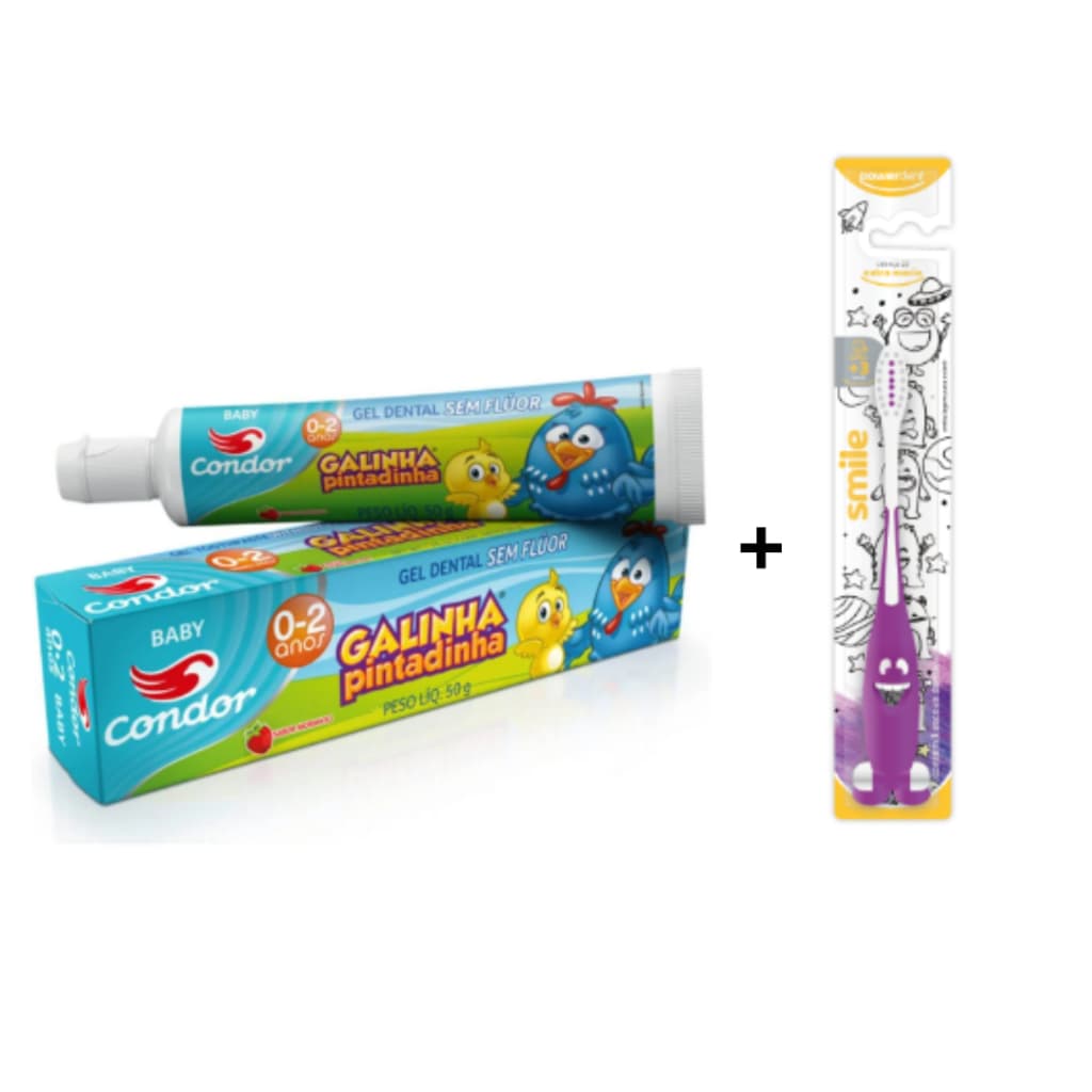 Escova de Dentes Infantil Smile Extra Macia com Ventosa 3+ Anos (Cor Sortida) + Pasta Dental Infantil Sem Flúor Condor