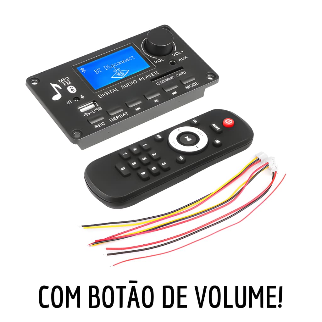 Placa Decodificadora Bluetooth Display LCD USB MP3 Player AUX FM Cartão SD Gravação 12V