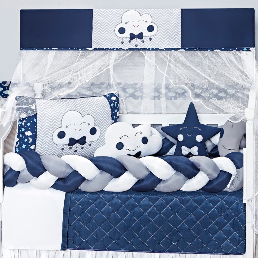 Kit Berço Lua Nuvem Trança Nova Com Edredom Azul Marinho Completo 10 Peças
