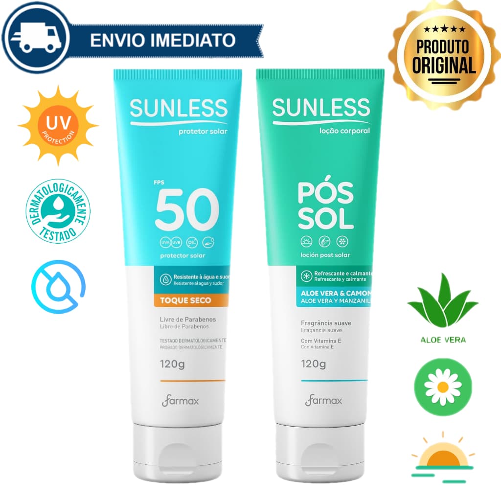 Kit Protetor Solar Toque Seco 120g Sunless + Pós-Sol Aloe Vera e Camomila 120g Envio Imediato