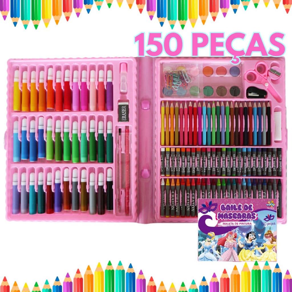 Estojo Maleta Pintura Infantil Canetinhas Giz Lápis Cores e Tamanhos Variados + Desenhos