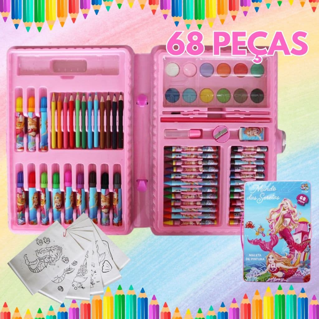Maleta Estojo De Pintura Infantil  Canetinhas Lapis de Cor 68 Peças