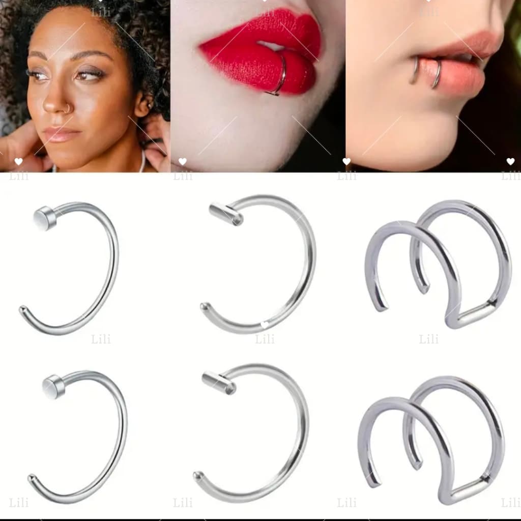 Conjunto De 6 Pecas De Piercing Falso Para Nariz Labio E Brinco Em Aco inox, nao presica furo