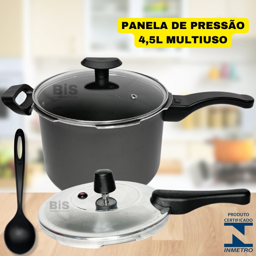 Panela de Pressão Antiaderente 2 Em 1 Fechamento Externo 4,5L Teflon + Tampa de Vidro + Concha Nylon