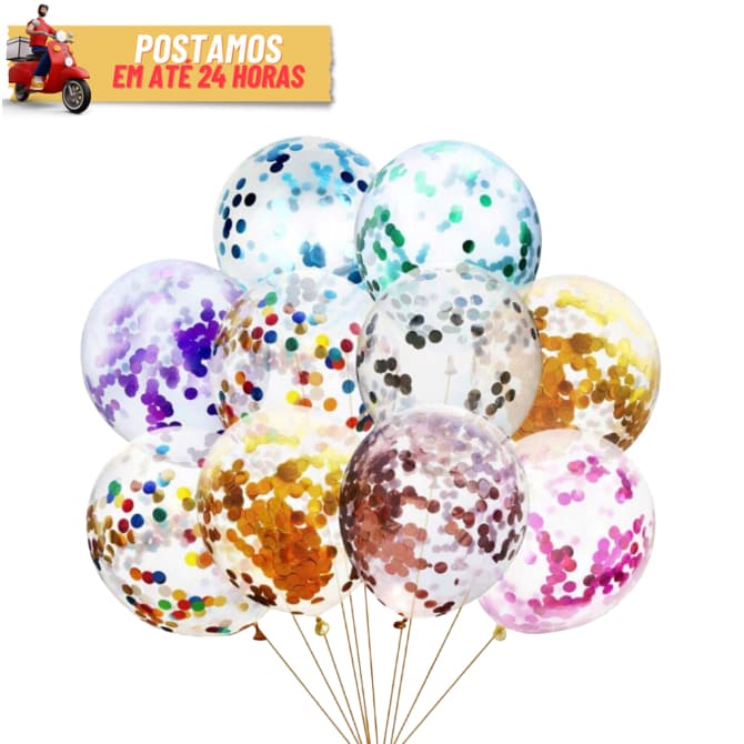 Kit Balão com Confete Metalizado - Festa Evento Decoração Varias Cores