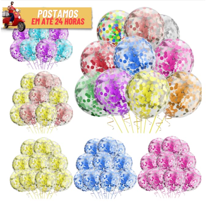 Kit 20 Unidades Balão com Confete Metalizado - Festa Evento Decoração Varias Cores
