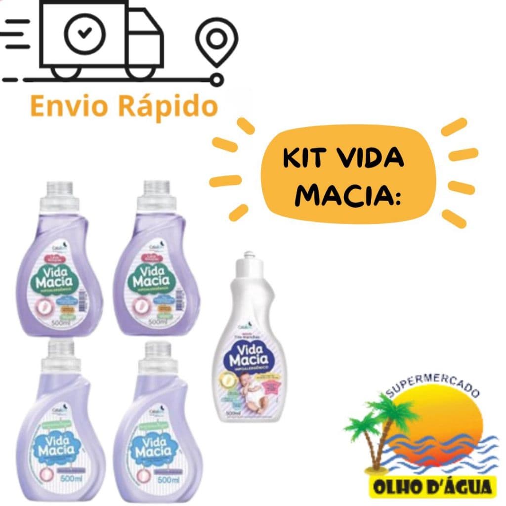 KIT VIDA MACIA: 2UN LAVA ROUPAS 500ML + 2 UN AMACIANTE AMENDOAS 500ML + 1 TIRA MANCHAS 500ML