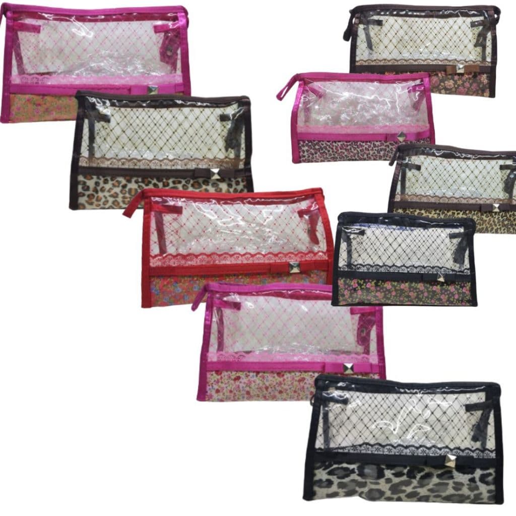 Kit 1/3 Necessaire De Mão Florais e Transparente Multi-uso 1086