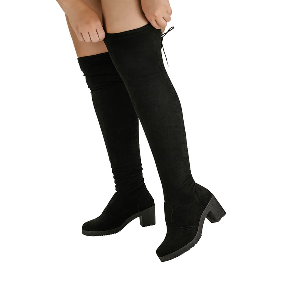 Bota Over The Knee Feminina Stretch Com Elástico Salto Saltinho Confortável Cano Longo Enrrugada