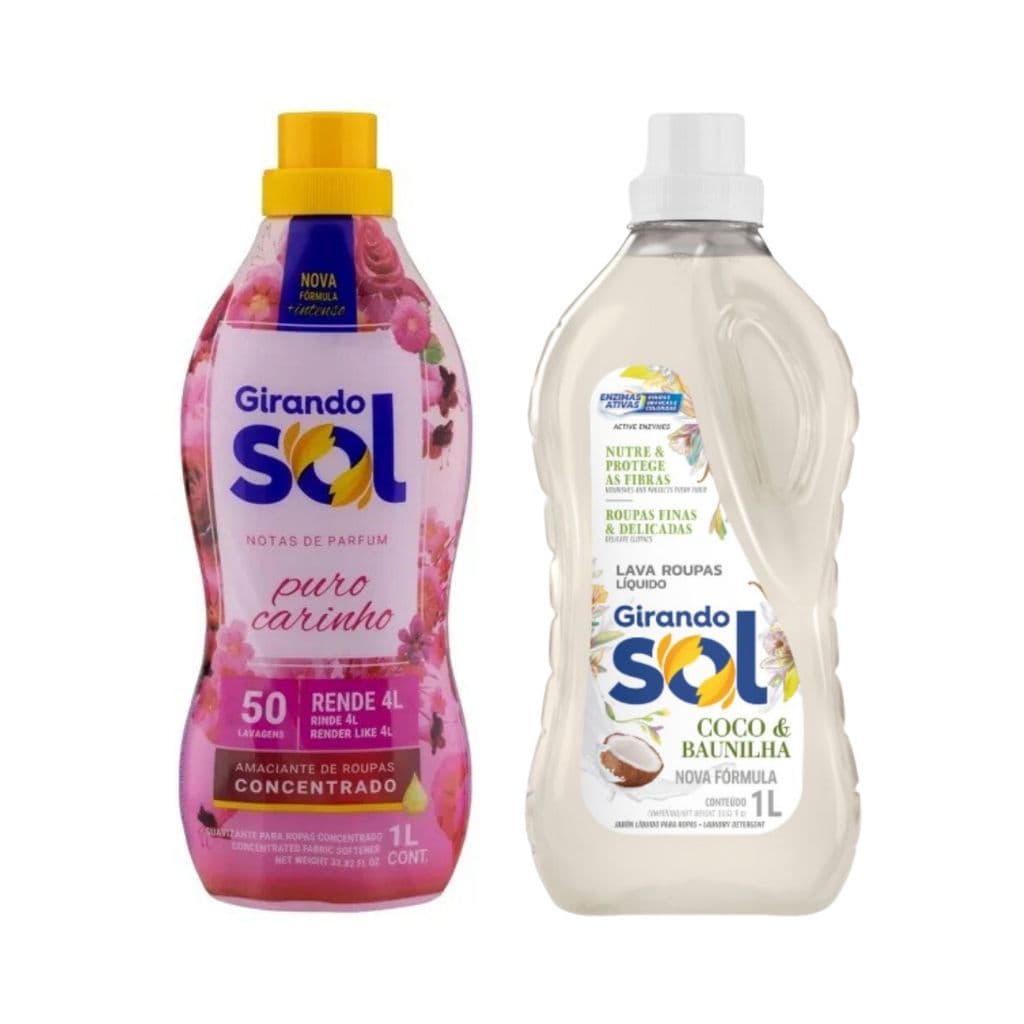 Kit Lava Roupas Sabão Líquido 1 Litro Coco & Baunilha  + Amaciante Concentrado 1 Litro Puro Carinho - Girando Sol