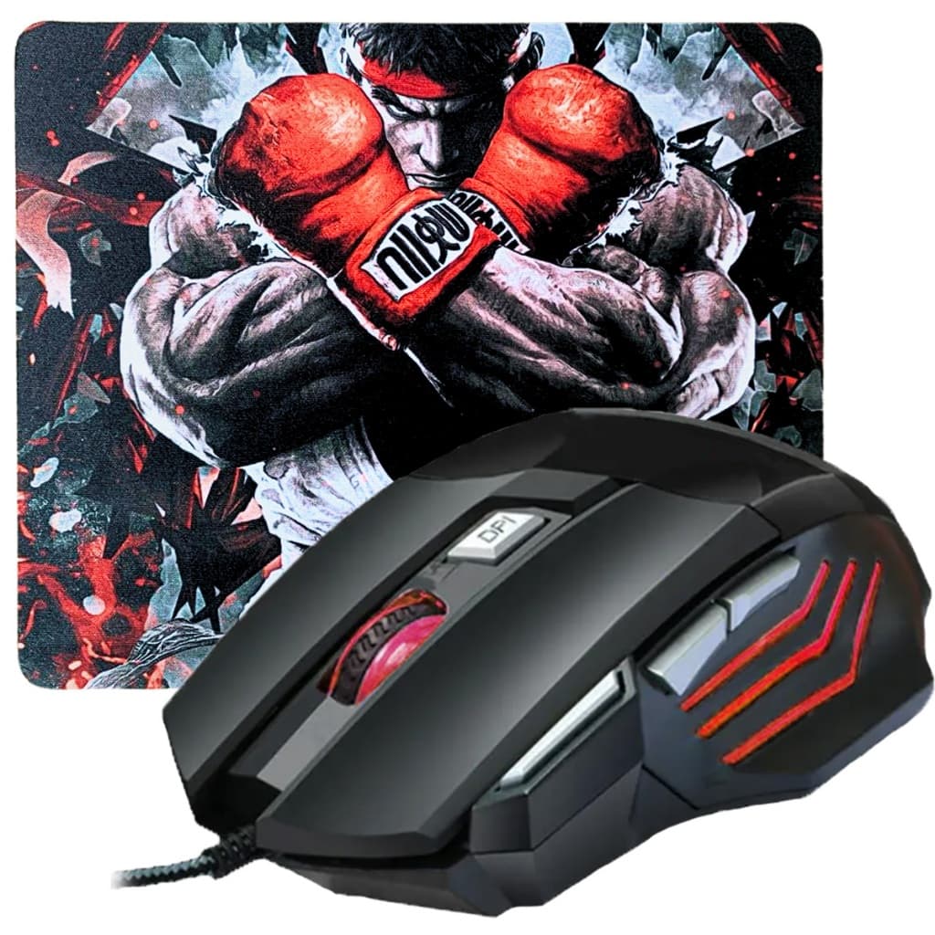 Kit Mouse Gamer Para Jogo 3.200 DPI Óptico com Fio LED RGB USB + Mousepad PC Videogame USB Anime