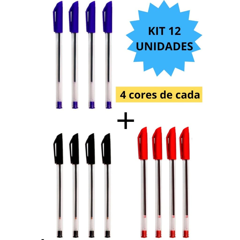 Kit 12 Canetas Esferográficas Ponta Média Simple Azul Preta Vermelha Escolar Escritório Leo&Leo