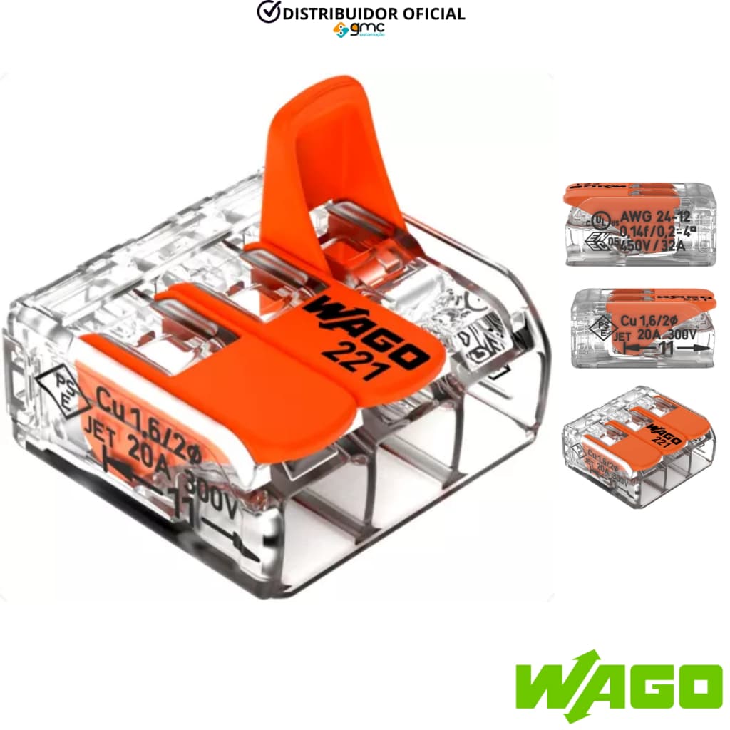 Conector Emenda Para fios 0,14mm-4mm 3 Polos Wago 221-413