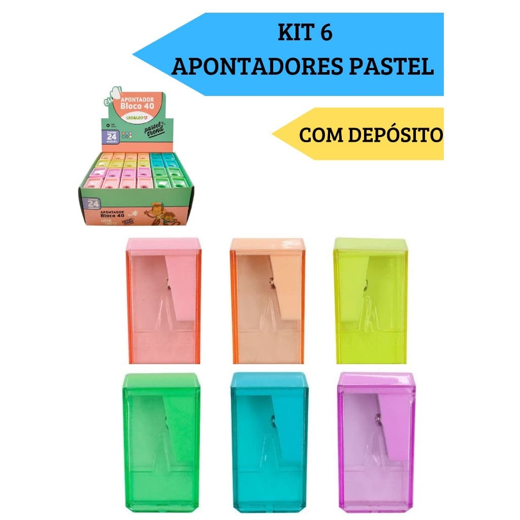 Kit 6 Apontadores Com Depósito Bloco 40  Pastel Trend Escolar Escritório Leo&Leo
