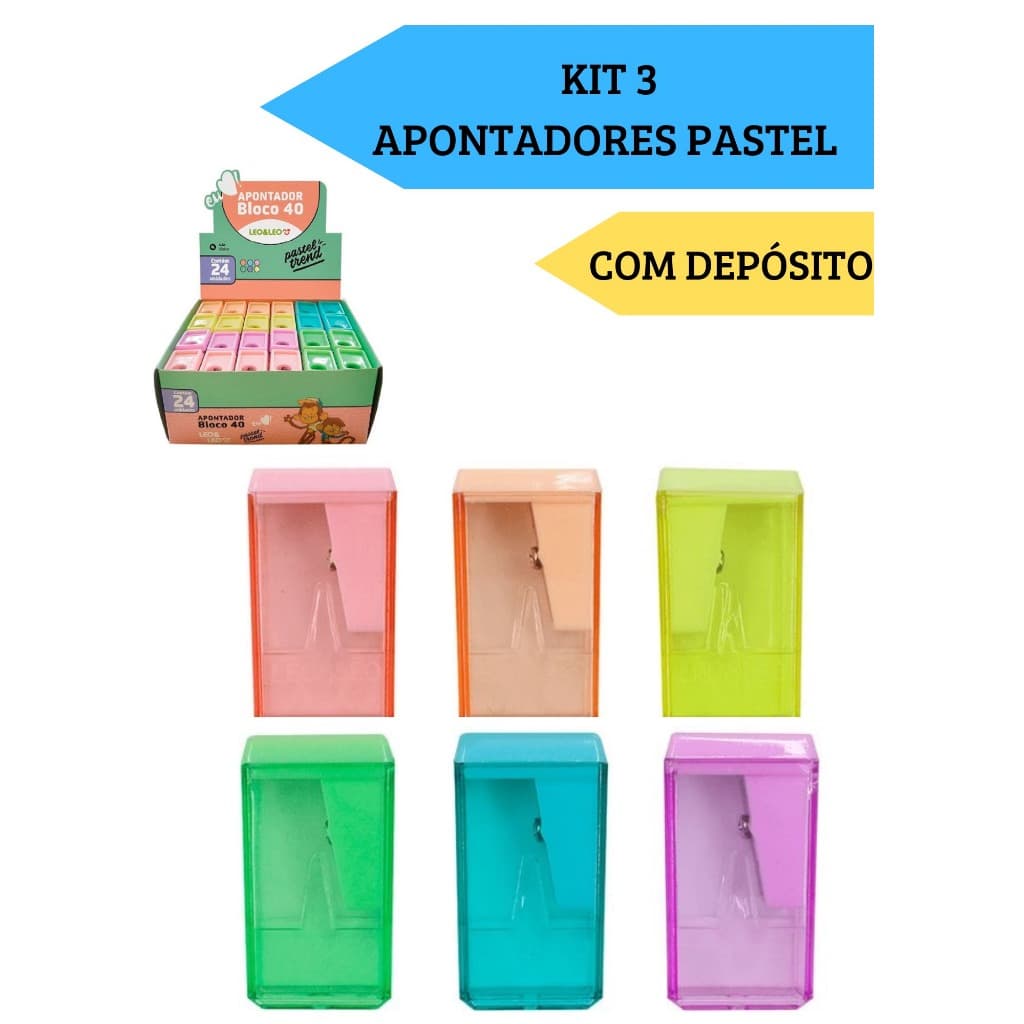 Kit 3 Apontadores Com Depósito Bloco 40  Pastel Trend Escolar Escritório Leo&Leo