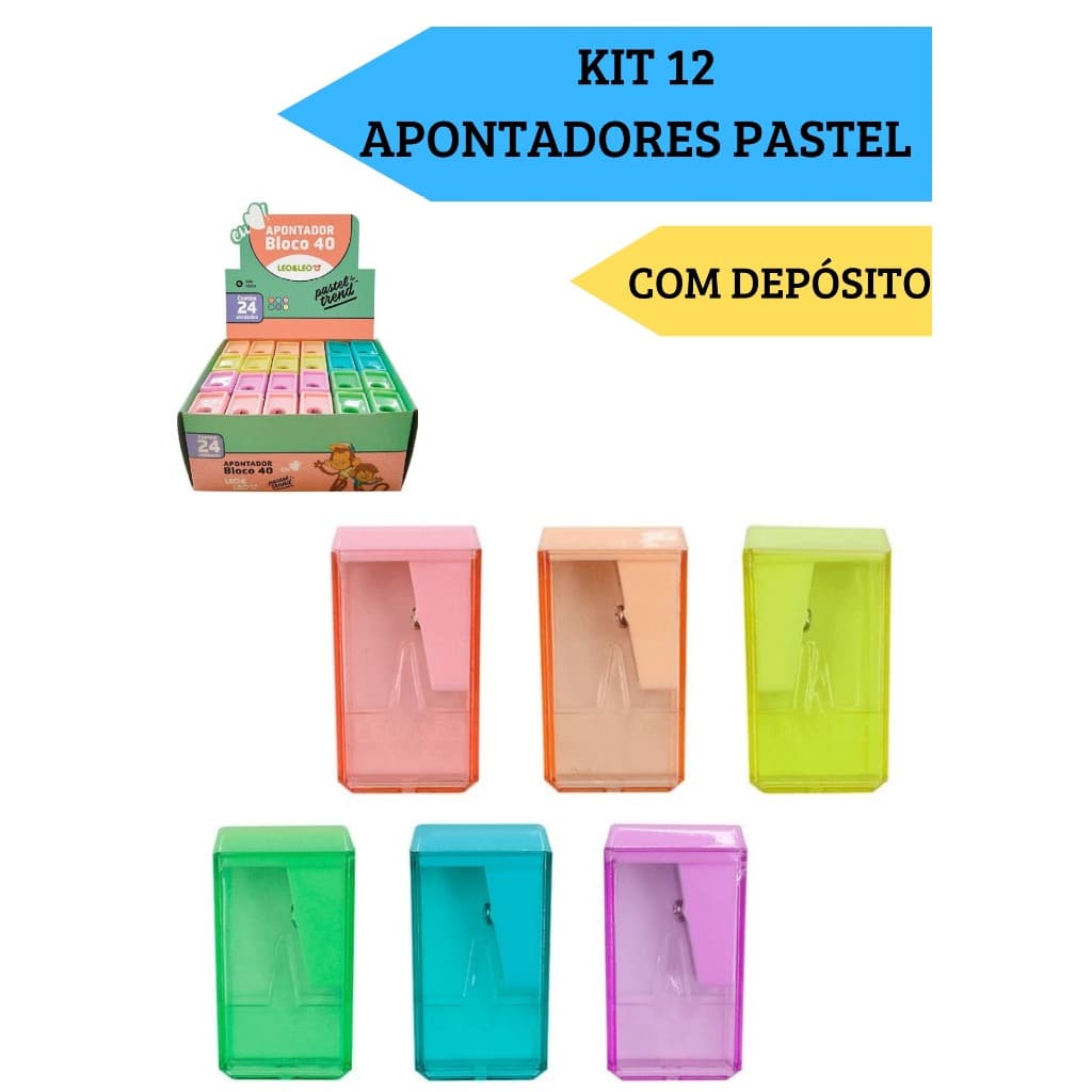 Kit 12 Apontadores Com Depósito Bloco 40  Pastel Trend Escolar Escritório Leo&Leo