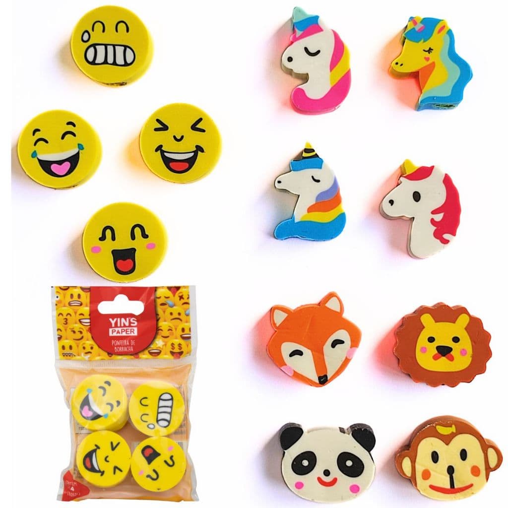 Kit 4 Borrachas Escolar Ponteira para Lápis Yins Bichinhos Unicórnio Emoji
