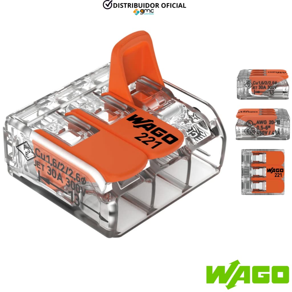 Conector Emenda Compacto Para fios 0,5mm-6mm 3 Polos 41A Wago 221-613