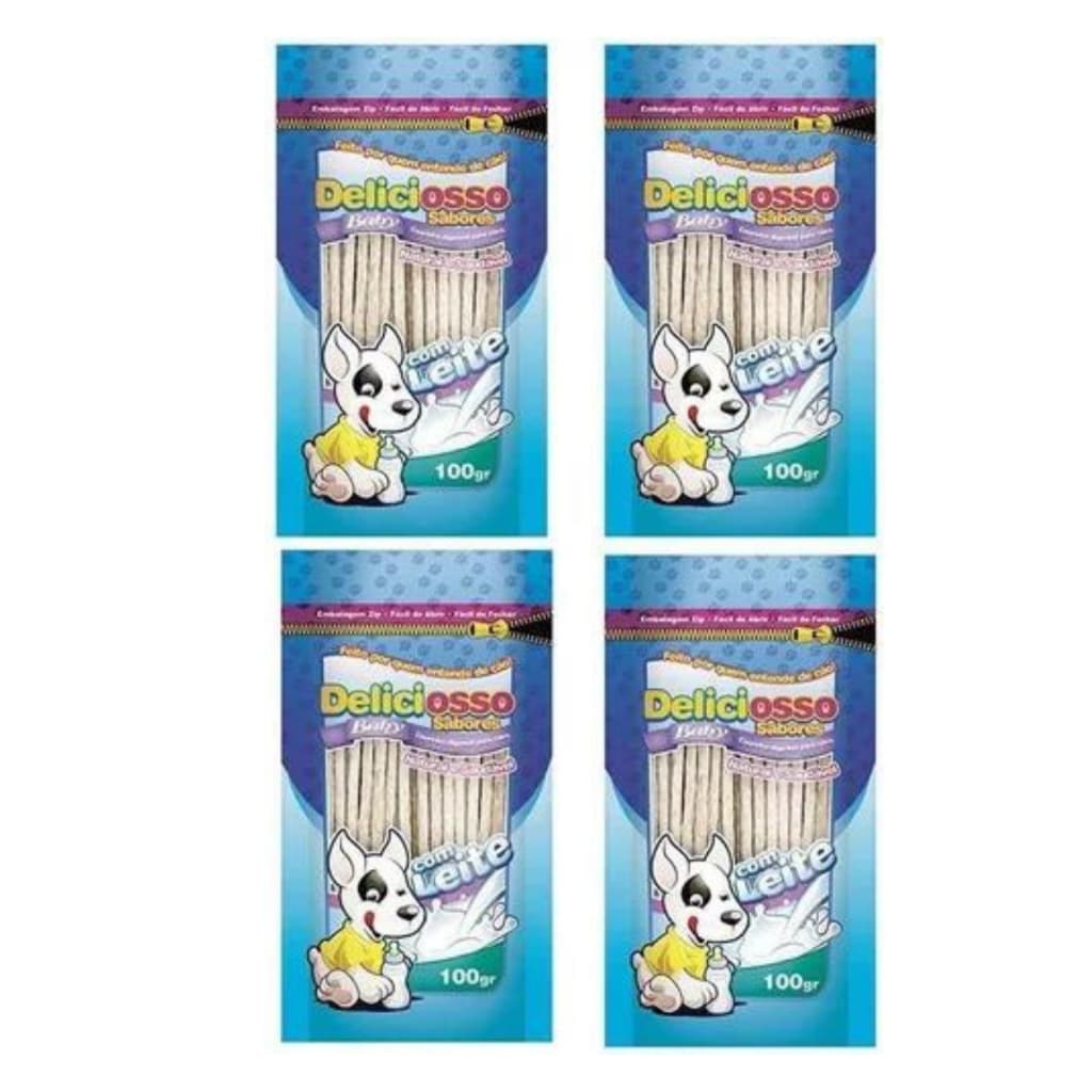 Kit Petisco para Caes Osso Palito Deliciosso com leite 100g - 4 pacotes