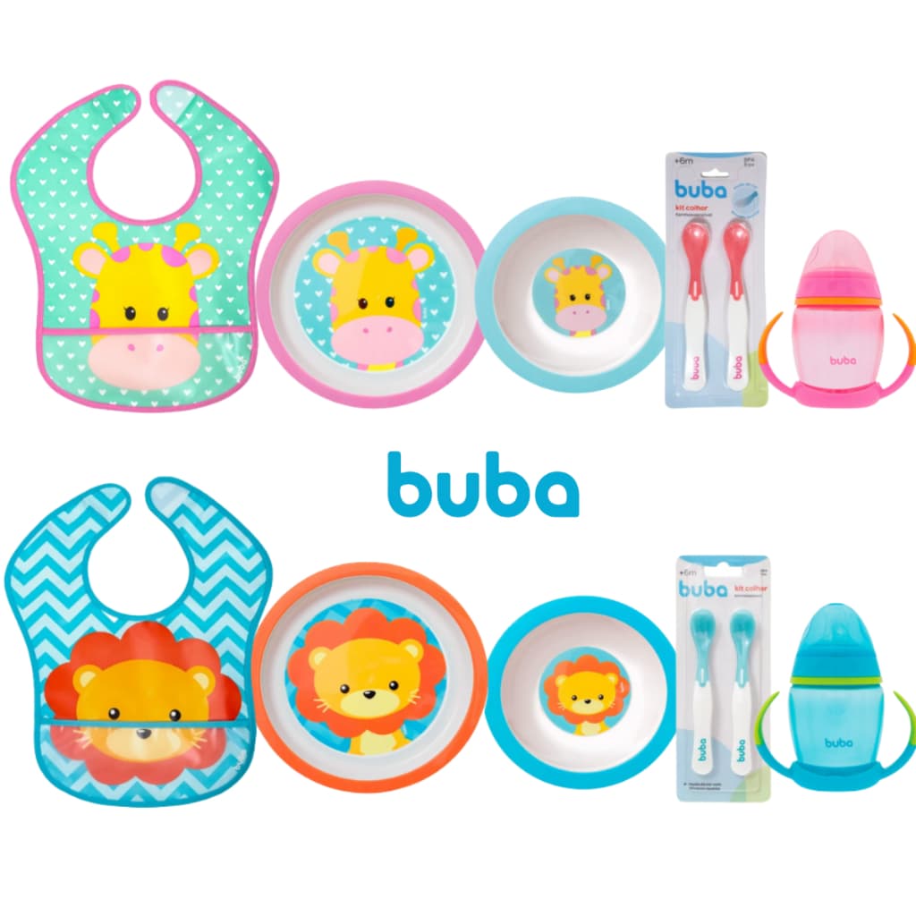 Kit Introdução Alimentar Buba com Prato Raso, Prato Fundo (bowl), Babador Impermeável animal fun, kit Colher Termossenssível e Copo de Treinamento com alça removível e bico de silicone