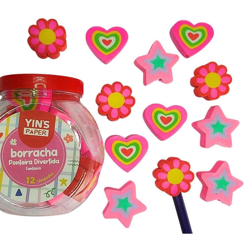Borracha Escolar Ponta de Lápis Pote com 12 Fofos Durável Flor Coração Estrela