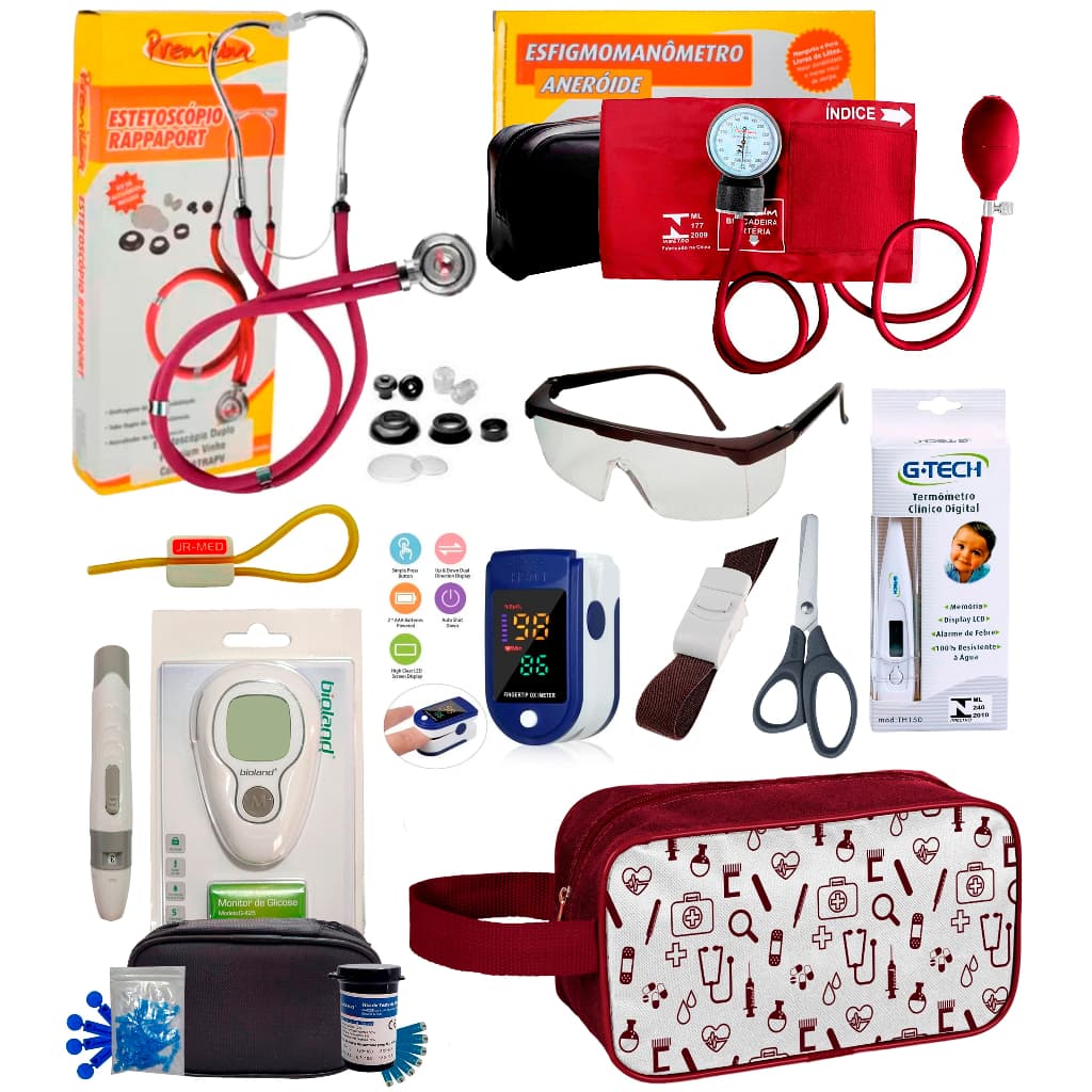 Kit Acadêmico Material de Enfermagem Esfigmomanometro  e Estetoscópio Duplo - Premium + Oximetro + Nécessaire