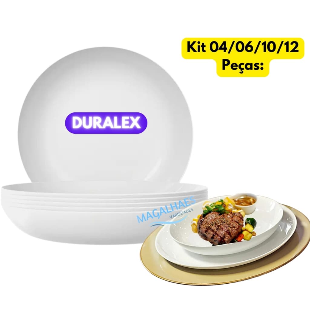 Jogo Kit 04/06/10/12 Pratos Fundo Vidro Branco Temperado Duralex Blanc Redondo Liso Almoço Jantar