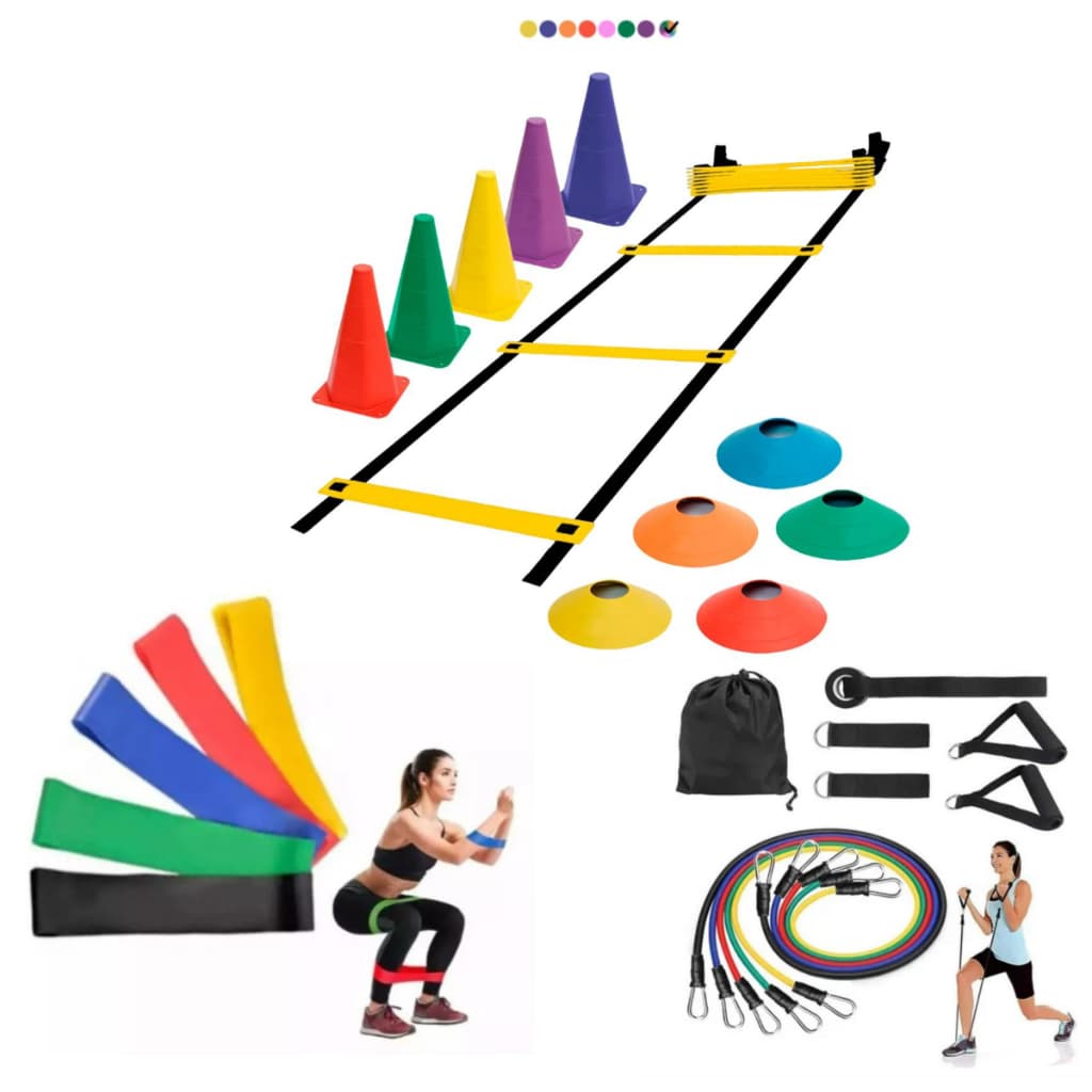 Kit Agilidade Treino Completo 1 Escada 5 Chapéus 5 Cones + kit Mini Bands 5 Faixas + kit 11 Peças