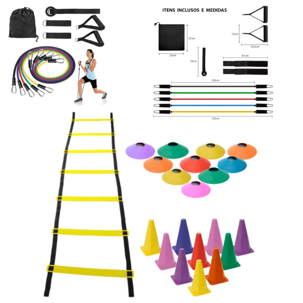 Kit Agilidade Treinamento Completo 1 Escada 7 Degraus 10 Chapéus 10 Cones + kit 11 Peças Elasticos