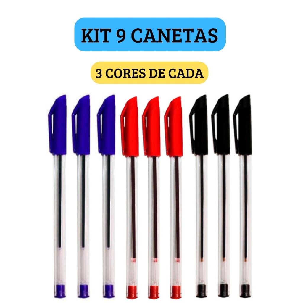 Kit 9 Canetas Esferográficas Ponta Média Simple Azul Preta Vermelha Escolar Escritório Leo&Leo