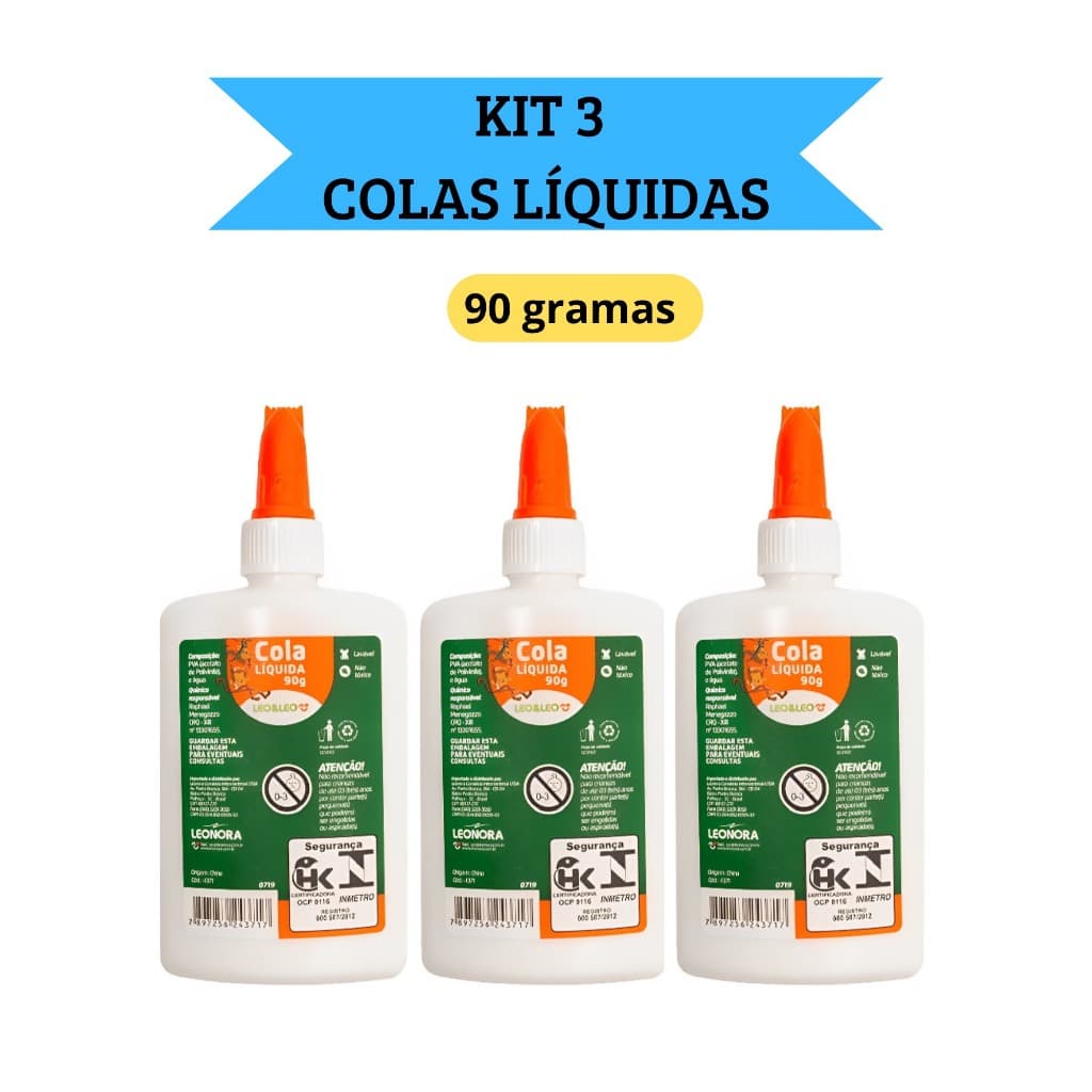 Kit 3 Cola Líquida Branca Escolar 90g com espátula Leo&Leo