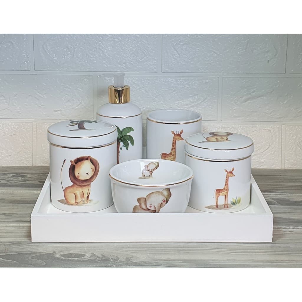 Kit Completo Porcelana Decoracao Safari Ouro Higiene Bebe