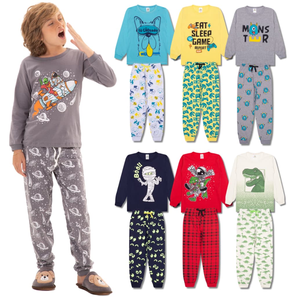 Kit Sortido 6 Peças Pijama Comprido Infantil Menino - 3 Camisas + 3 Calças - Kit com 3 Pijamas de Roupa Infantil Menino