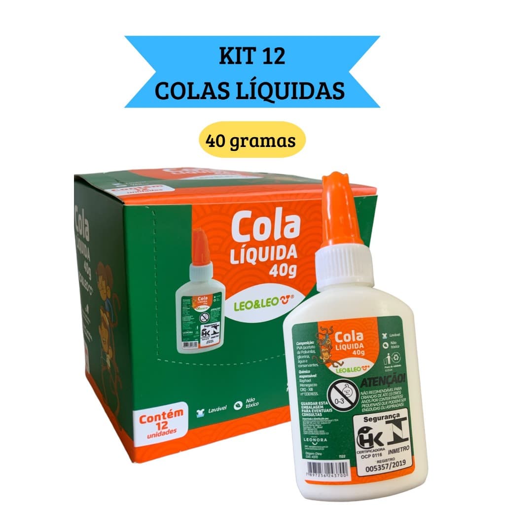kit 12 Cola Líquida Branca Escolar 40g com espátula Leo&Leo