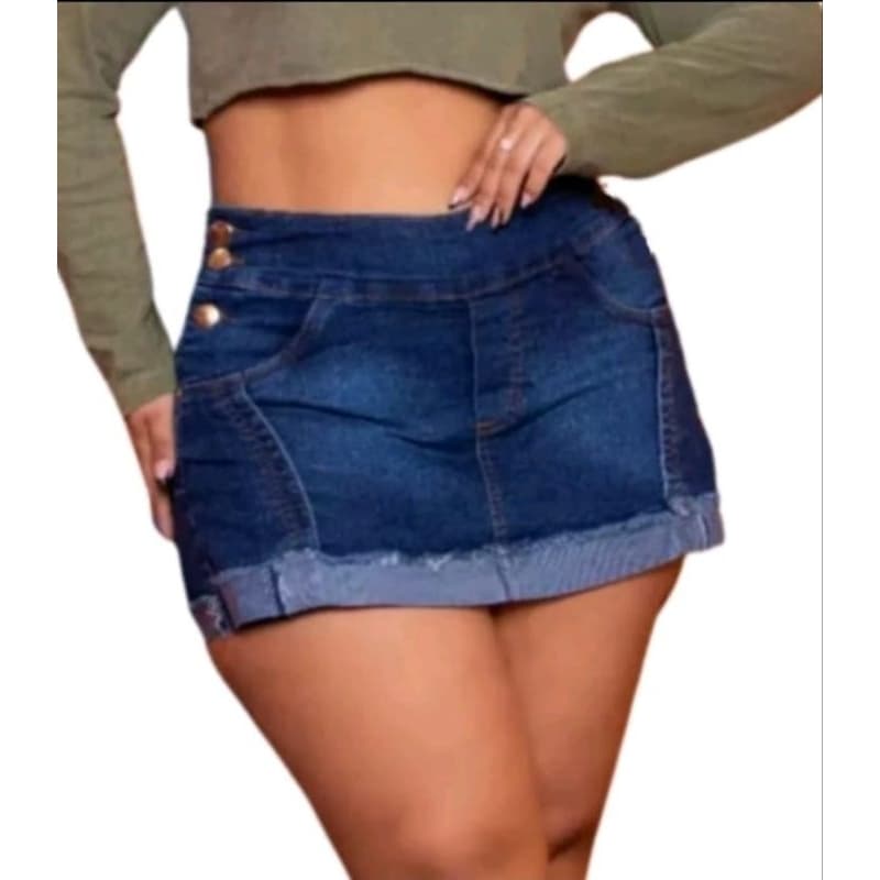 Short Saia Jeans Plus Size com Lycra e Cintura Alta do 46 até o 54
