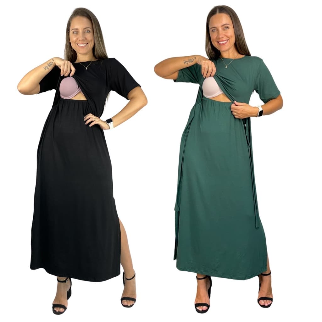 Kit 2 Vestido Longo Amamentação Cores Premium Gestante Grávida Amamentar Casual e Evangélica Igreja