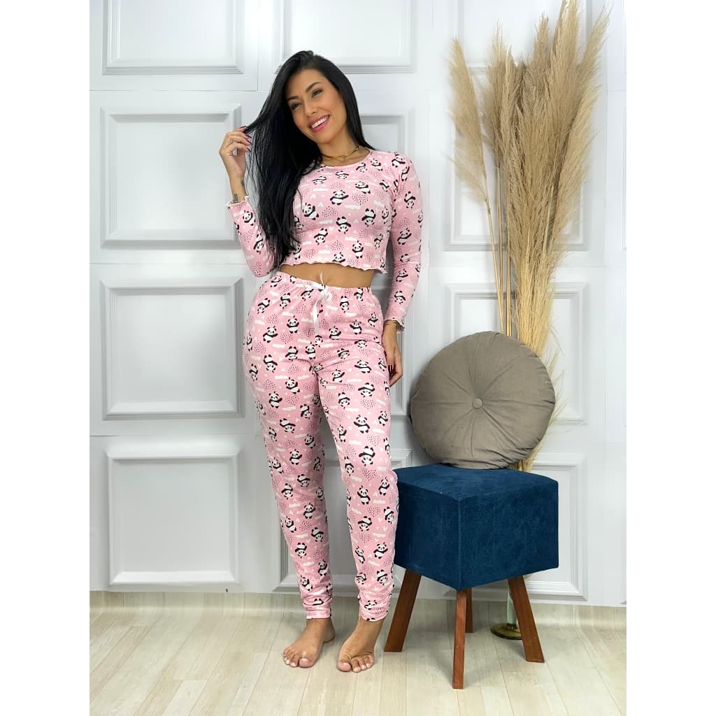 Pijama Feminino Adulto Ondinha Cropped Manga Longa Calça Longa Estampado Suede Roupa de Dormir