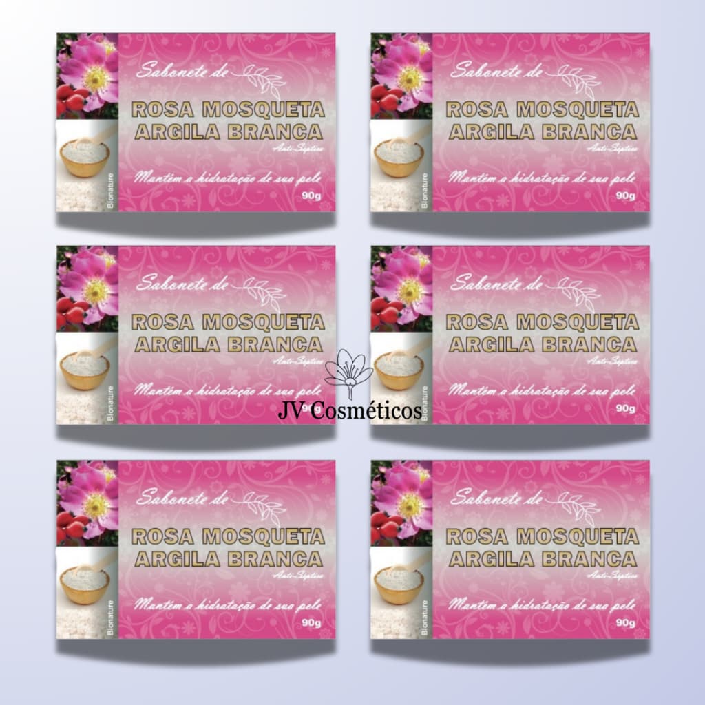 6 UN Sabonete Barra de Argila Branca Com Rosa Mosqueta 90g - Bionature