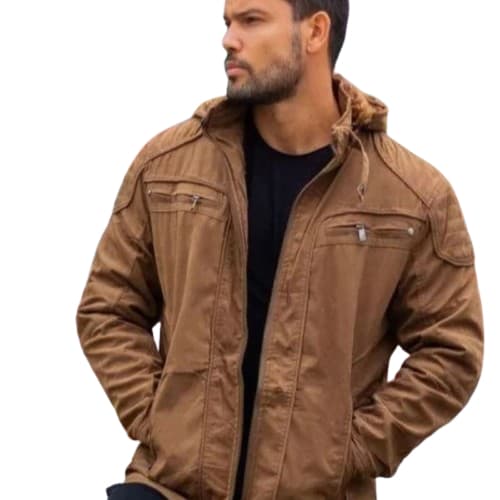 jaqueta masculina de sarja toda forrada por dentro de pelinhos com capuz removível
